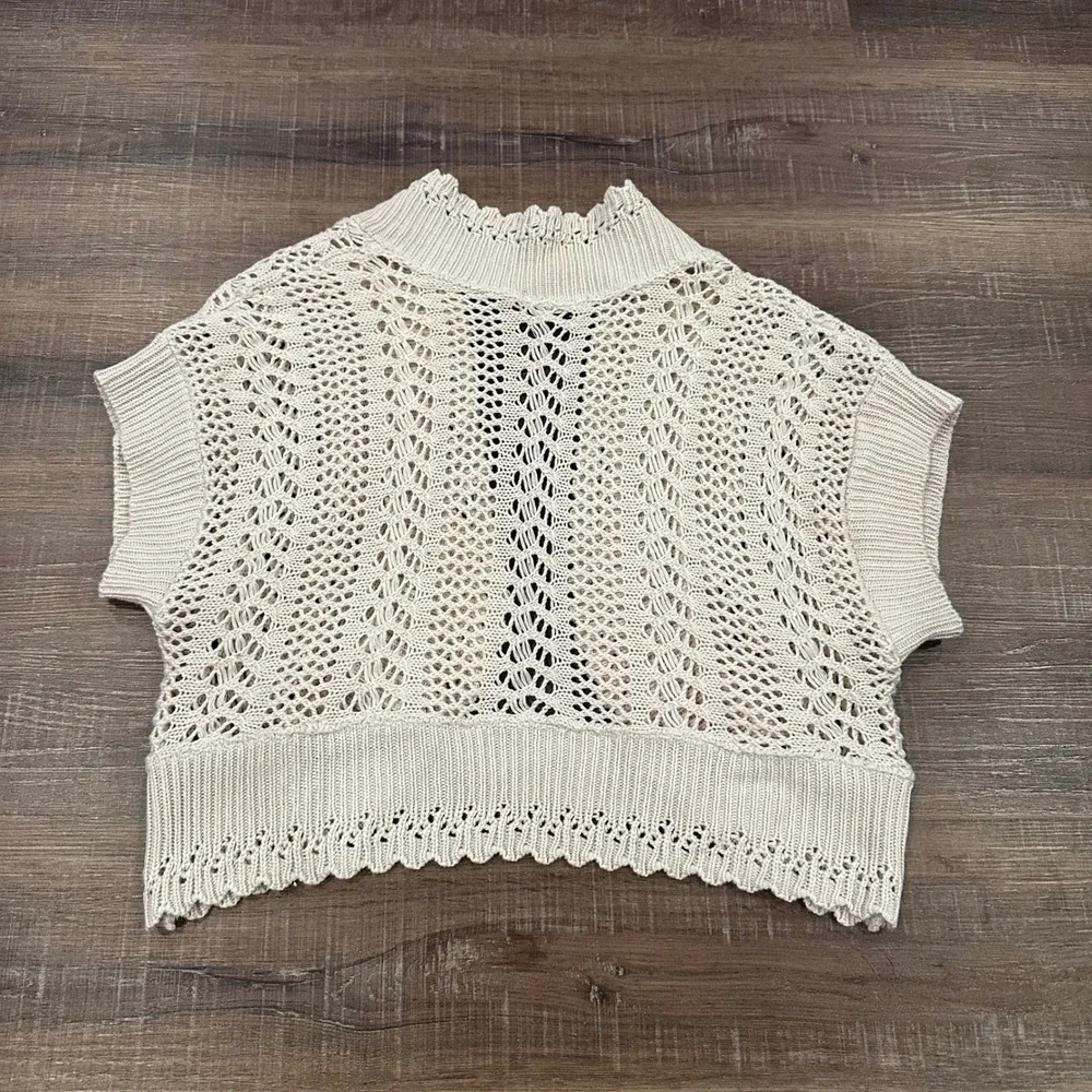 Amanda Lane Womens Small Cream Crochet Shrug Open Cardigan Short Sleeve Boho Y2K